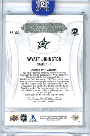 2022-23 The Cup Emblems of Endorsements Wyatt Johnston Rookie Patch Auto /15 back